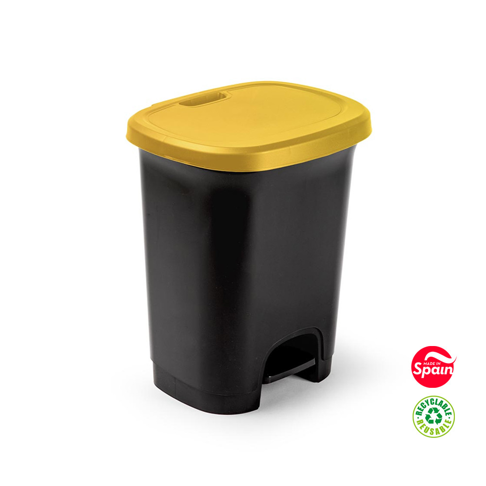 Contentor 27L Plástico Preto Tampa Amarela com Pedal